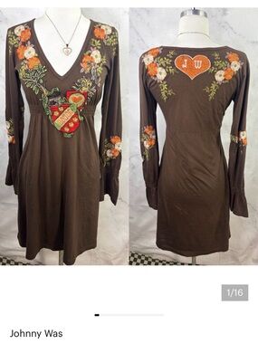 Johnny Was Brown Floral & Heart Embroidered V-Neck Long-Sleeve Dress